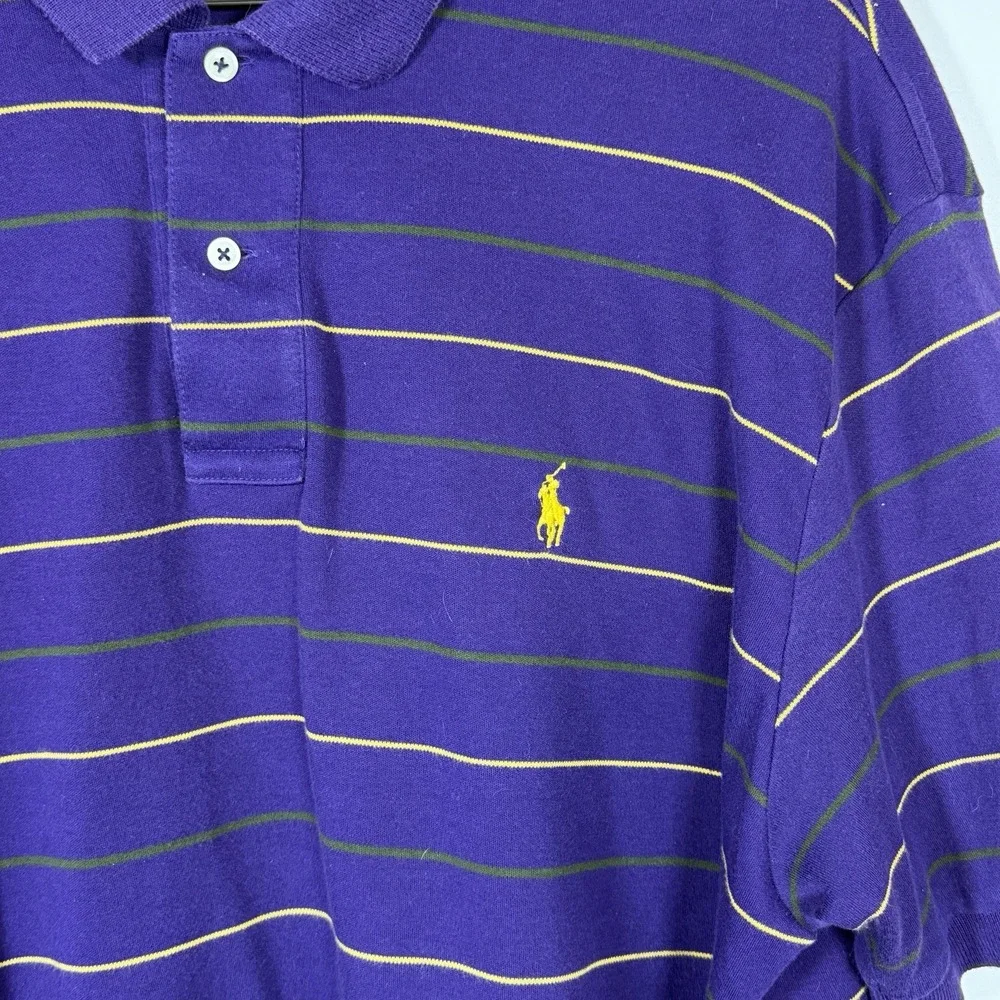 VTG Ralph Lauren Polo Shirt Purple with Gold & Green Stripes Mardi Gras NOLA